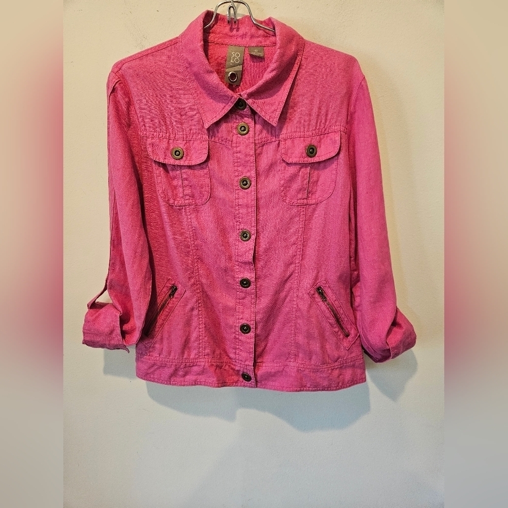 SOLO MODA WOMEN'S PINK LINEN SNAP DOWN LONG SLEEVED JACKET SIZE 10 BARBIECORE
